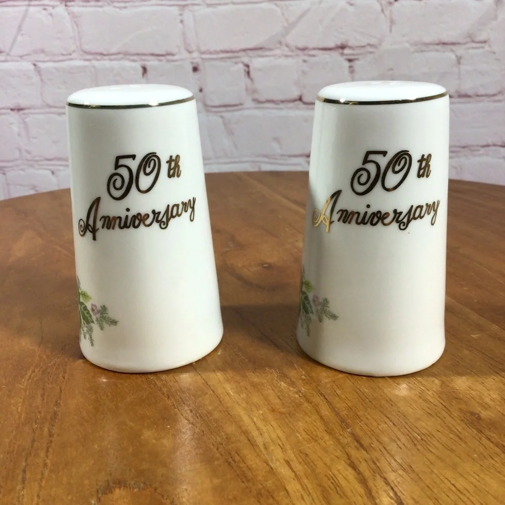 Vintage Pink Rose 50th Anniversary Porcelain Salt and Pepper Shaker Pair